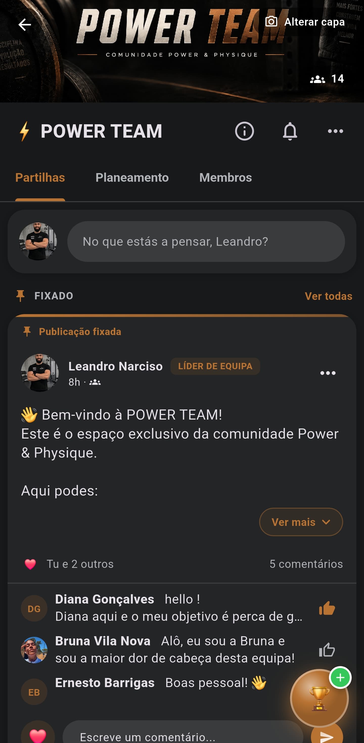 Screenshot real da aplicação Power & Physique: Comunidade Power Team.
