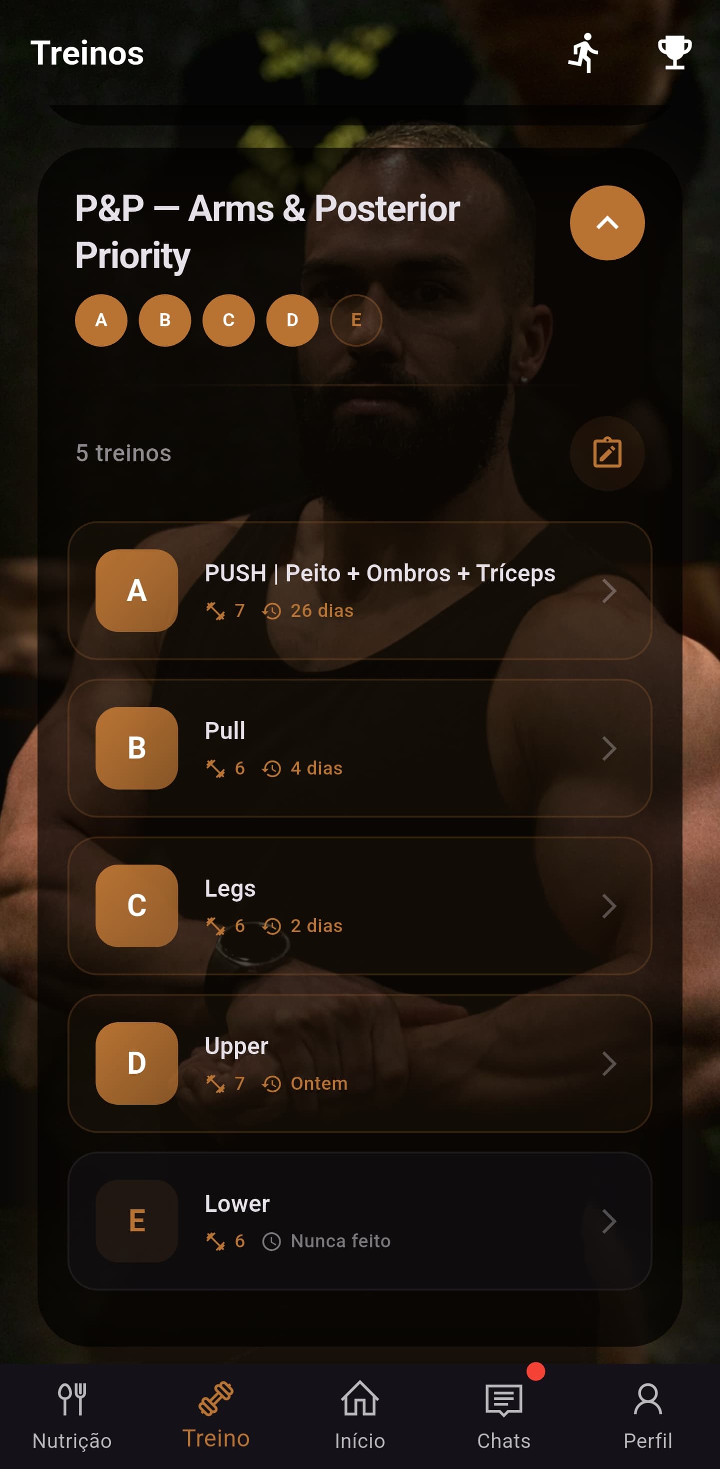 Screenshot real da aplicação Power & Physique: Treinos.