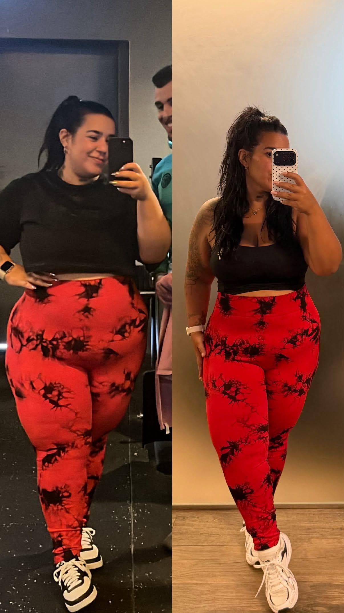 Bruna antes, com 119 kg, com as calças vermelhas.